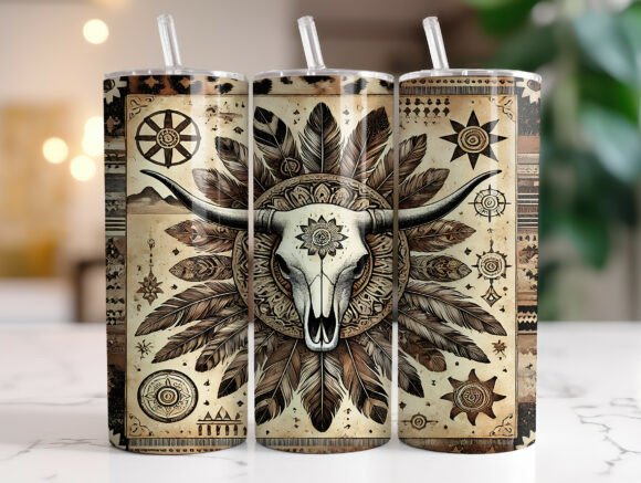Western Boho Cow Skulls Tumbler Wrap PNG